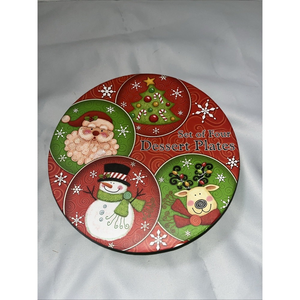 Cracker‎ Barrel Stoneware Christmas Dessert 8" Plates Santa , Snowman , Tree